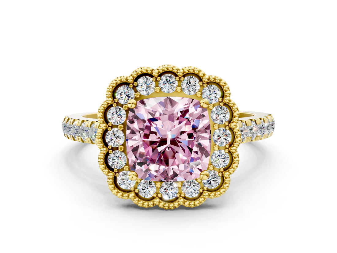 Yellow gold Fancy Pink Cushion  Cut Diamond Milgrain Floral Halo Engagement Ring with Pavé Band_15