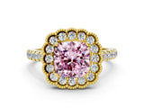 Yellow gold Fancy Pink Cushion  Cut Diamond Milgrain Floral Halo Engagement Ring with Pavé Band_15
