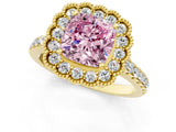 Yellow gold Fancy Pink Cushion  Cut Diamond Milgrain Floral Halo Engagement Ring with Pavé Band_16