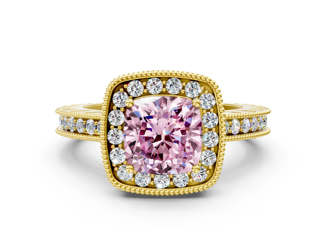 Yellow gold Fancy Pink Cushion Cut Diamond Milgrain Halo Engagement Ring with Round Pavé Band and Prong Setting_12