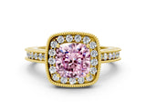 Yellow gold Fancy Pink Cushion Cut Diamond Milgrain Halo Engagement Ring with Round Pavé Band and Prong Setting_12