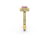 Yellow gold Fancy Pink Cushion Cut Diamond Milgrain Halo Engagement Ring with Round Pavé Band and Prong Setting_14