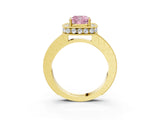 Yellow gold Fancy Pink Cushion Cut Diamond Milgrain Halo Engagement Ring with Round Pavé Band and Prong Setting_15