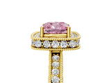 Yellow gold Fancy Pink Cushion Cut Diamond Milgrain Halo Engagement Ring with Round Pavé Band and Prong Setting_17