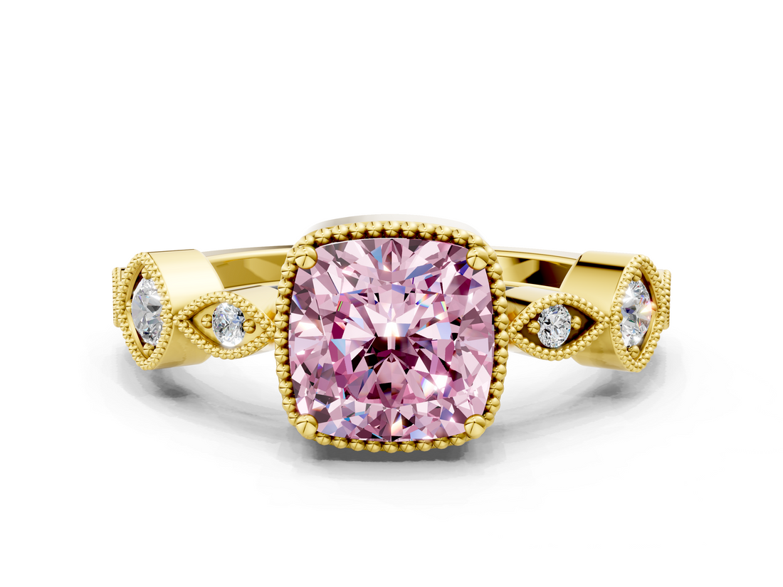 Yellow gold Fancy Pink Cushion  Cut Diamond Milgrain Marquise Band with Prong Setting_3