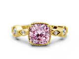 Yellow gold Fancy Pink Cushion  Cut Diamond Milgrain Marquise Band with Prong Setting_3