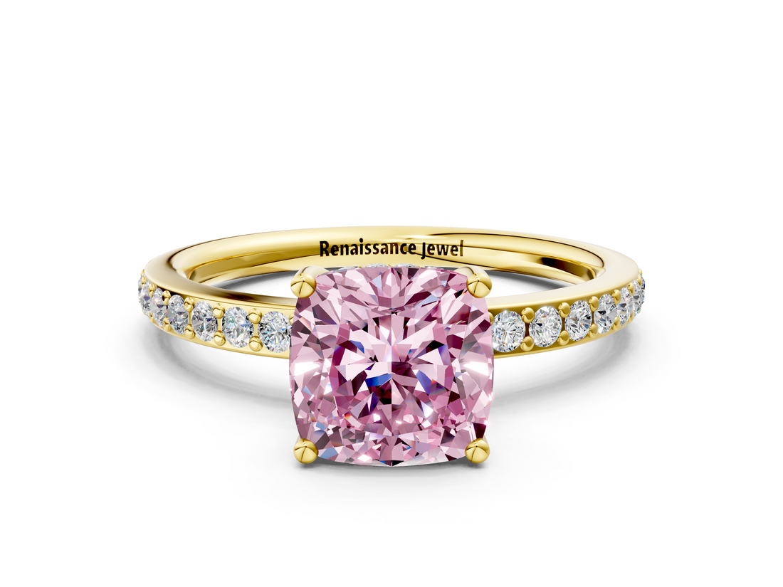 Yellow gold Fancy Pink Cushion  Cut Diamond Pavé Band Ring with Four-Prong Setting_40