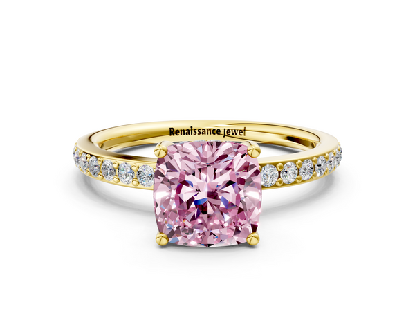 Yellow gold Fancy Pink Cushion  Cut Diamond Pavé Band Ring with Four-Prong Setting