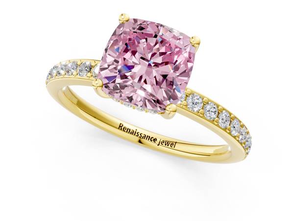 Yellow gold Fancy Pink Cushion  Cut Diamond Pavé Band Ring with Four-Prong Setting