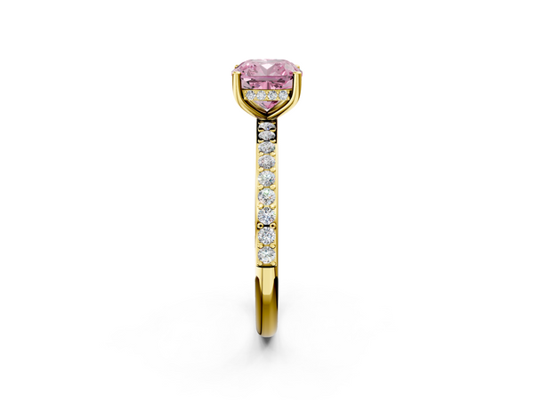 Yellow gold Fancy Pink Cushion  Cut Diamond Pavé Band Ring with Four-Prong Setting