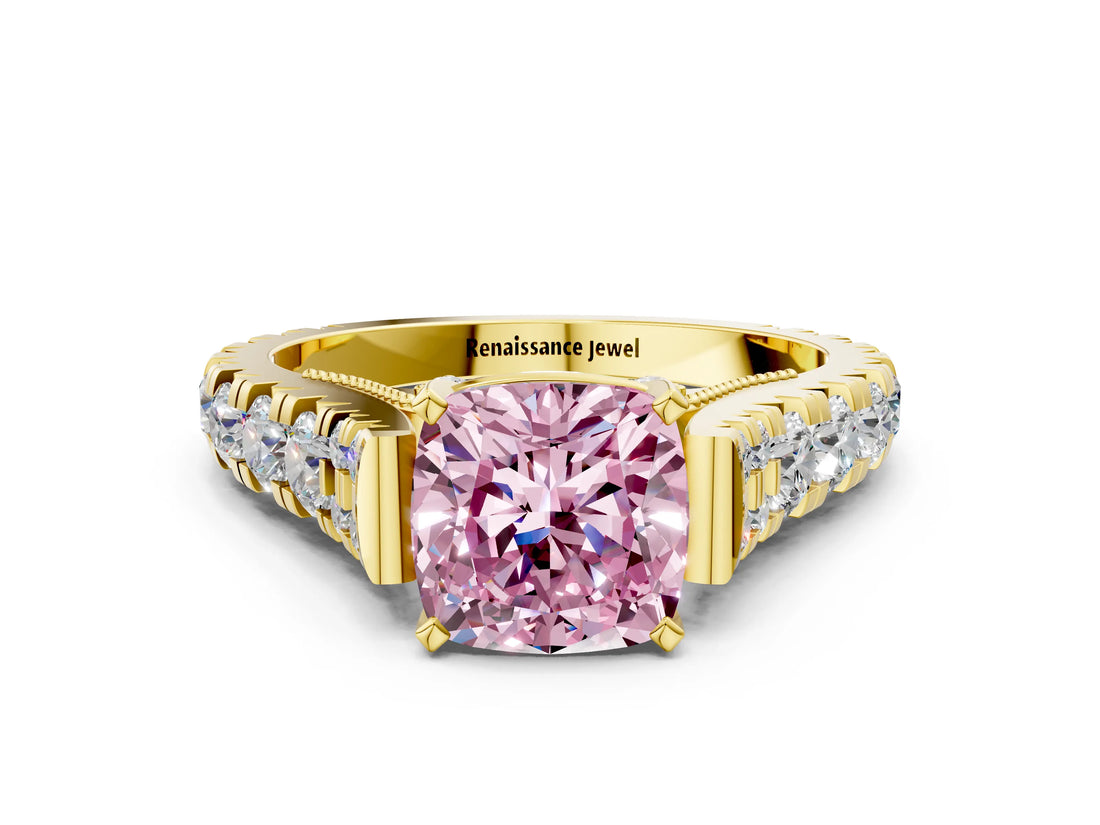 Yellow gold Fancy Pink Cushion  Cut Diamond Pavé Band Solitaire with Four-Prong Setting_15