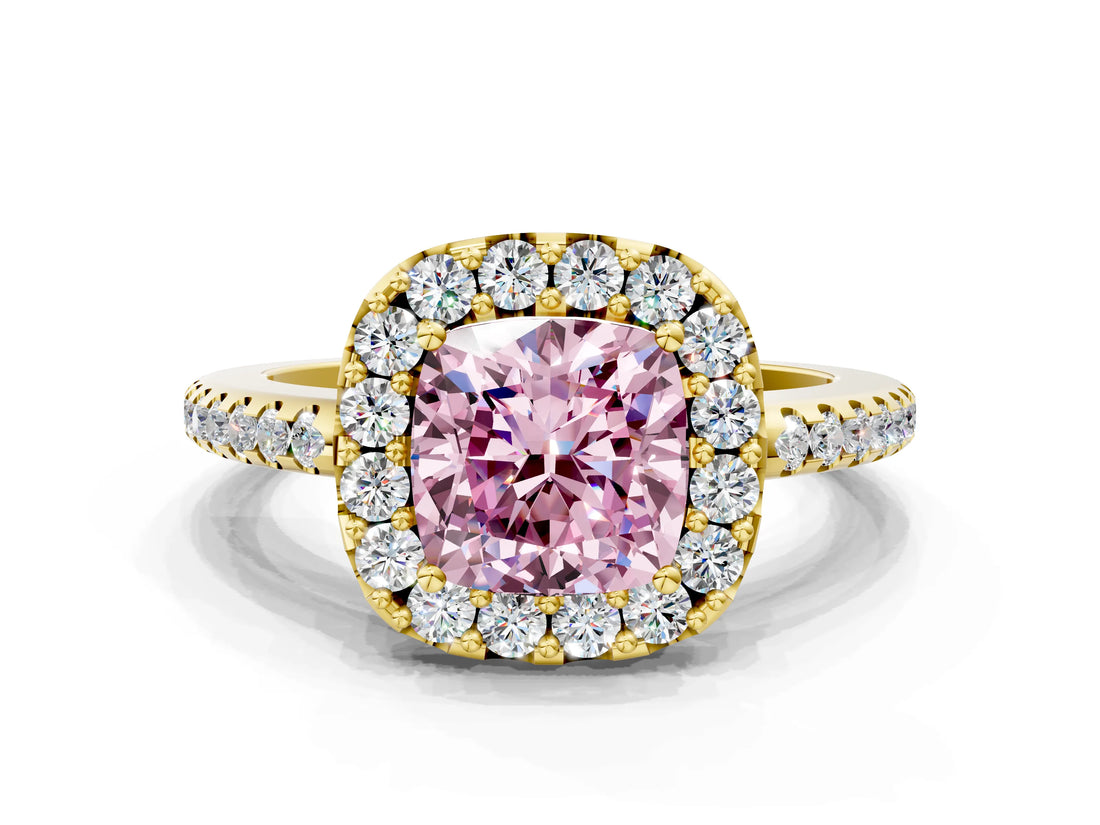 Yellow gold Fancy Pink Cushion Cut Diamond Pavé Halo Ring with Four-Prong Setting_36