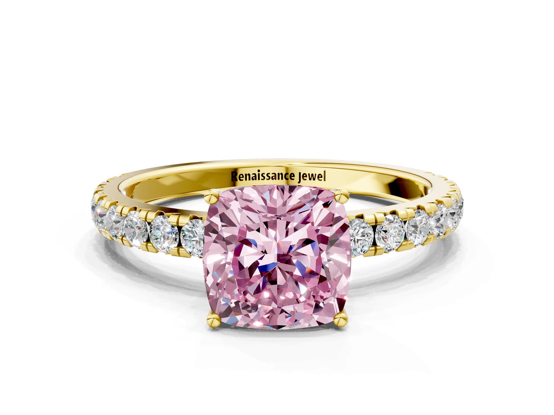 Yellow gold Fancy Pink Cushion Cut Diamond Pavé Solitaire Engagement Ring with Four-Prong Setting_85