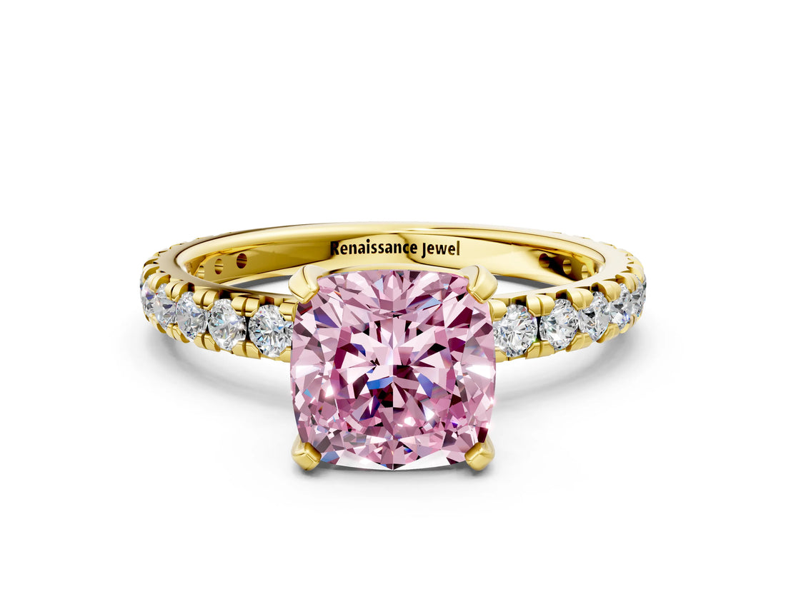 Yellow gold Fancy Pink Cushion Cut Diamond Pavé Solitaire Ring with Round Band and Prong Setting_12