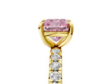 Yellow gold Fancy Pink Cushion Cut Diamond Pavé Solitaire Ring with Round Band and Prong Setting_17