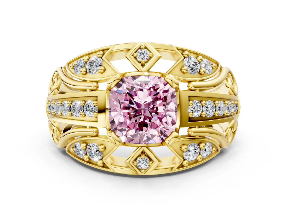 Yellow gold Fancy Pink Cushion Cut Diamond Pave Art Deco Split Shank Ring with Four-Prong Setting