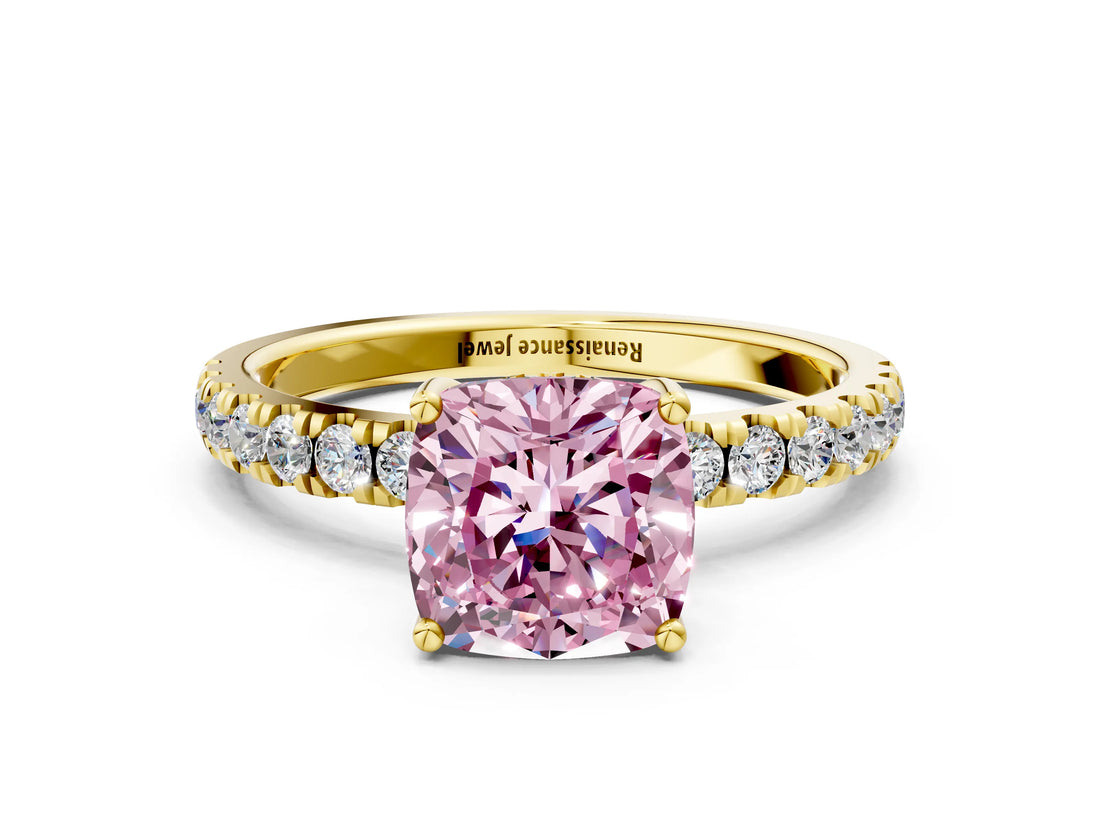 Yellow gold Fancy Pink Cushion Cut Diamond Pave Band Solitaire Ring with Four-Prong Setting_58