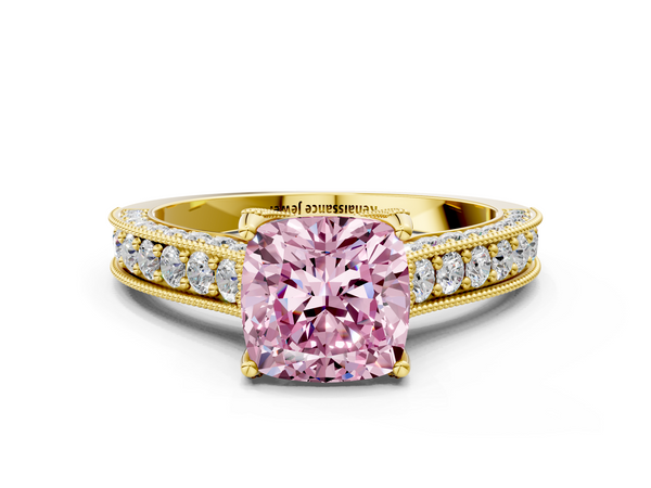 Yellow gold Fancy Pink Cushion  Cut Diamond Solitaire Ring with Milgrain Pave Band and Four Prong Setting