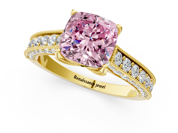 Yellow gold Fancy Pink Cushion  Cut Diamond Solitaire Ring with Milgrain Pave Band and Four Prong Setting