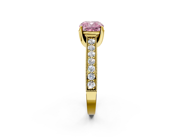 Yellow gold Fancy Pink Cushion  Cut Diamond Solitaire Ring with Milgrain Pave Band and Four Prong Setting