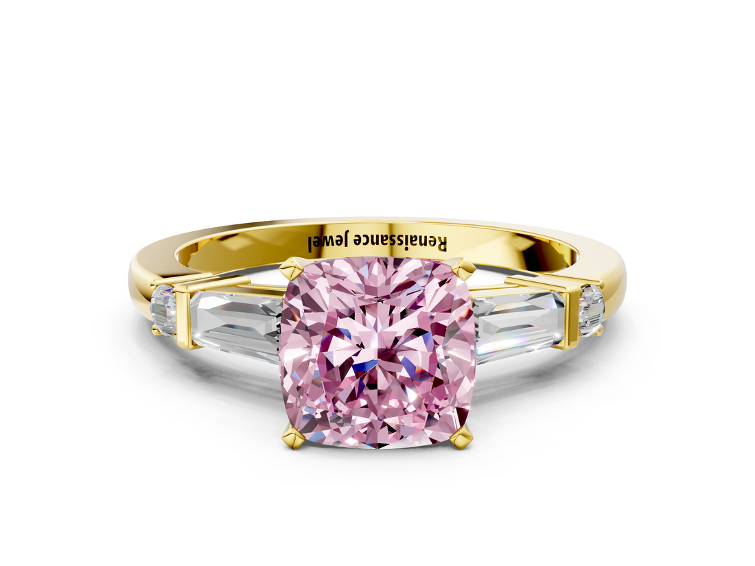 Yellow gold Fancy Pink Cushion  Cut Diamond Ring with Baguette Side Stones, Channel Set Band, and Four-Prong Setting_3