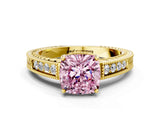 Yellow gold Fancy Pink Cushion Cut Diamond Ring with Milgrain Pavé Band and Four-Prong Setting_20