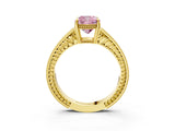 Yellow gold Fancy Pink Cushion Cut Diamond Ring with Milgrain Pavé Band and Four-Prong Setting_23