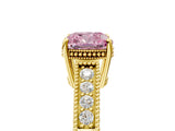 Yellow gold Fancy Pink Cushion Cut Diamond Ring with Milgrain Pavé Band and Four-Prong Setting_25