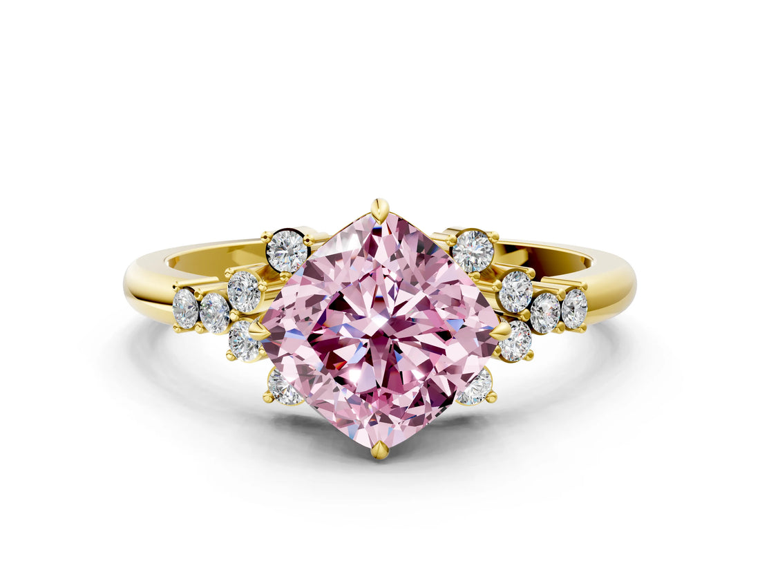Yellow gold Fancy Pink Cushion Cut Diamond Ring with Side Stones and Four-Prong Setting_94
