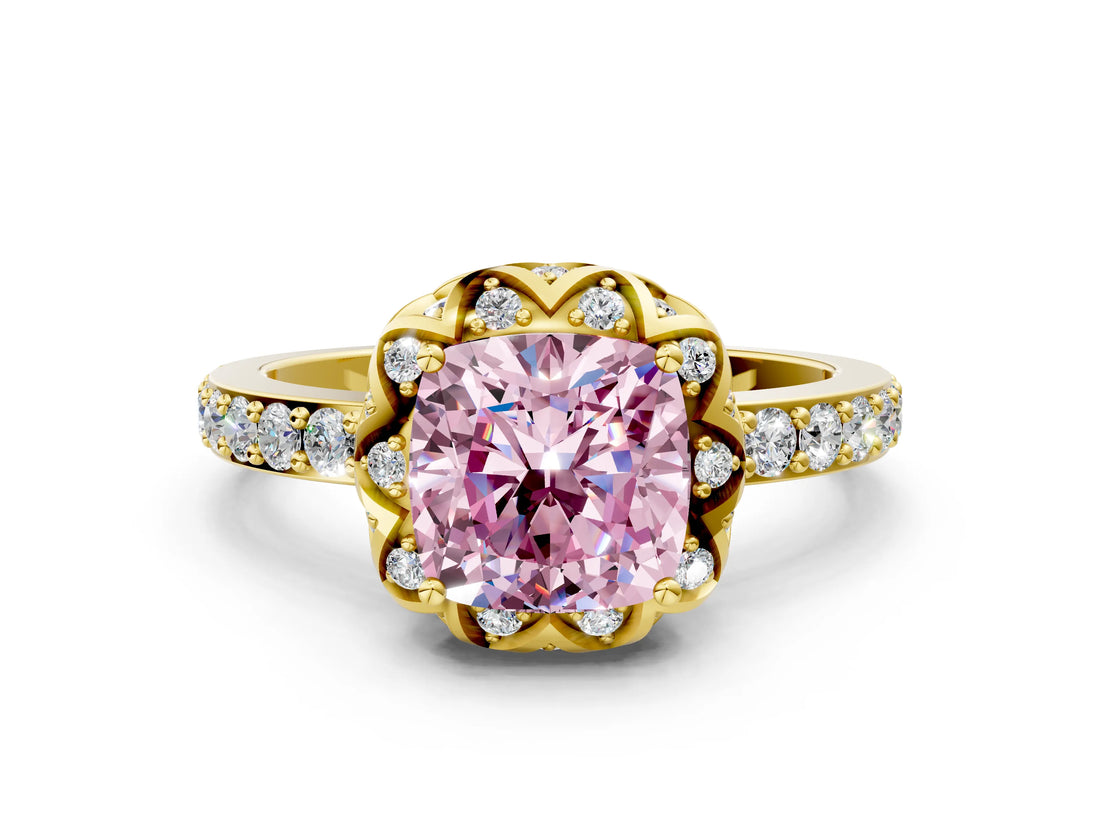 Yellow gold Fancy Pink Cushion Cut Diamond Scalloped Halo Engagement Ring with Round Shared Prong Band_12
