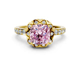 Yellow gold Fancy Pink Cushion Cut Diamond Scalloped Halo Engagement Ring with Round Shared Prong Band_12