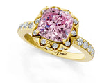 Yellow gold Fancy Pink Cushion Cut Diamond Scalloped Halo Engagement Ring with Round Shared Prong Band_13