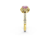Yellow gold Fancy Pink Cushion Cut Diamond Scalloped Halo Engagement Ring with Round Shared Prong Band_14