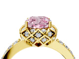 Yellow gold Fancy Pink Cushion Cut Diamond Scalloped Halo Engagement Ring with Round Shared Prong Band_16