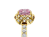 Yellow gold Fancy Pink Cushion Cut Diamond Scalloped Halo Engagement Ring with Round Shared Prong Band_17