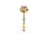 Yellow gold Fancy Pink Cushion Cut Diamond Scalloped Halo Engagement Ring with Round Shared Prong Band_26