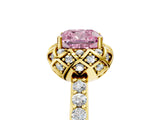 Yellow gold Fancy Pink Cushion Cut Diamond Scalloped Halo Engagement Ring with Round Shared Prong Band_29