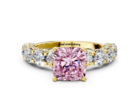Yellow gold Fancy Pink Cushion Cut Diamond Side Stone Engagement Ring with Four-Prong Setting_24