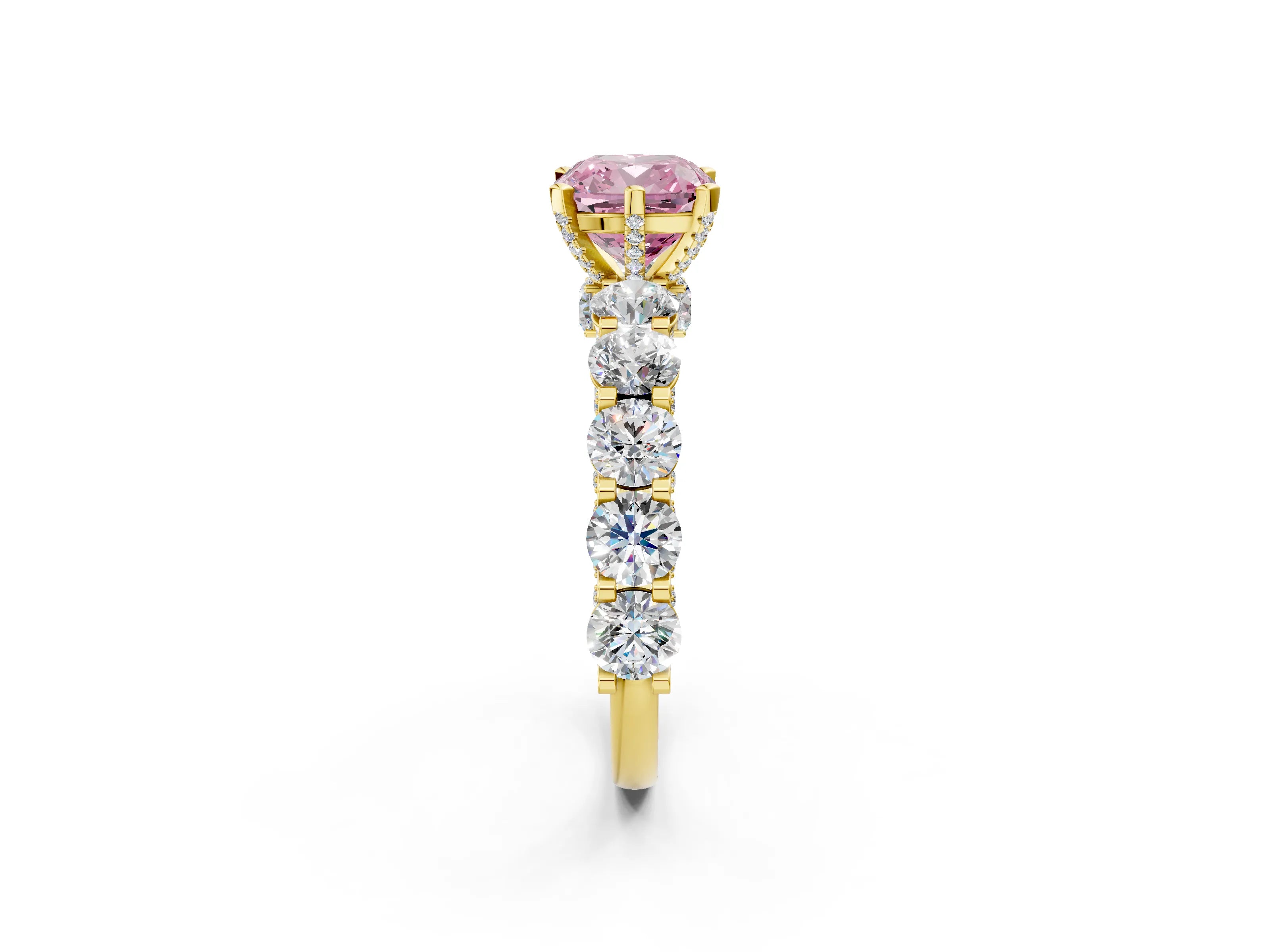 Yellow gold Fancy Pink Cushion Cut Diamond Side Stone Engagement Ring with Four-Prong Setting_26