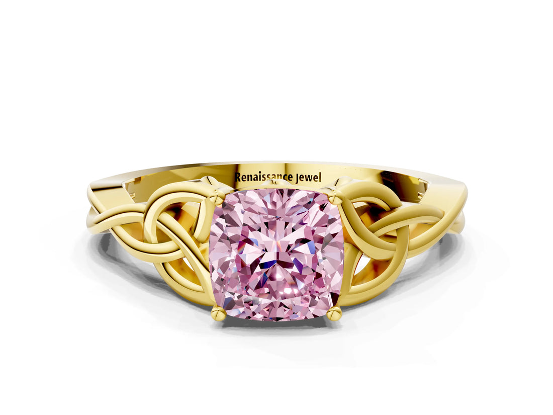 Yellow gold Fancy Pink Cushion Cut Diamond Solitaire Celtic Knot Ring with Four-Prong Setting_60