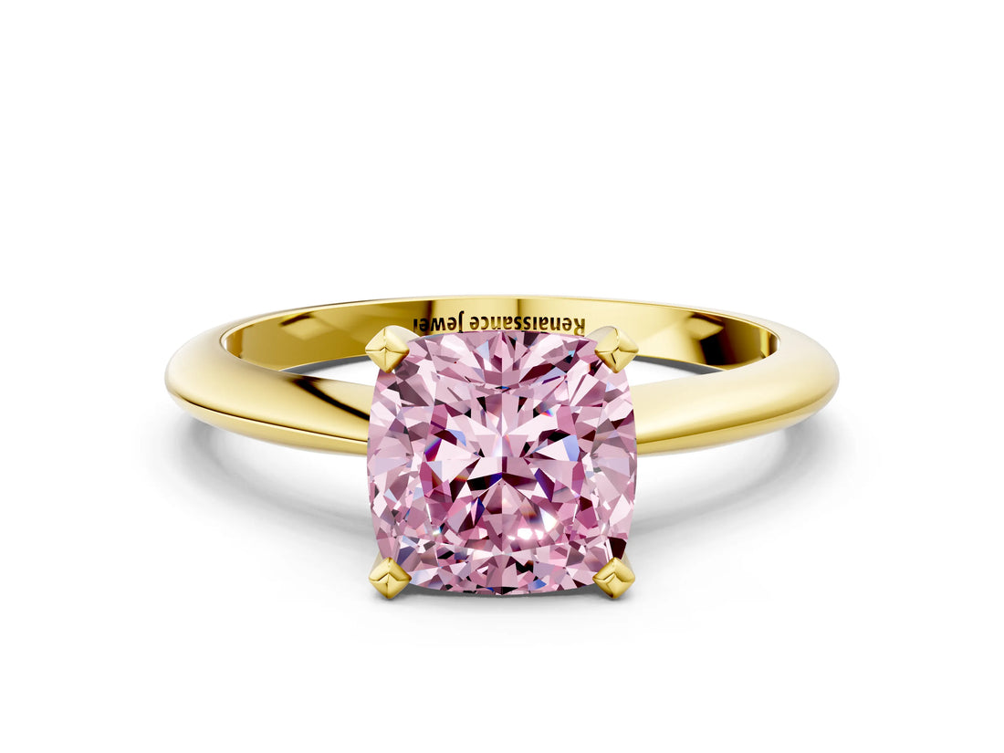 Yellow gold Fancy Pink Cushion Cut Diamond Solitaire Engagement Ring with Classic Band and Four-Prong Setting_99