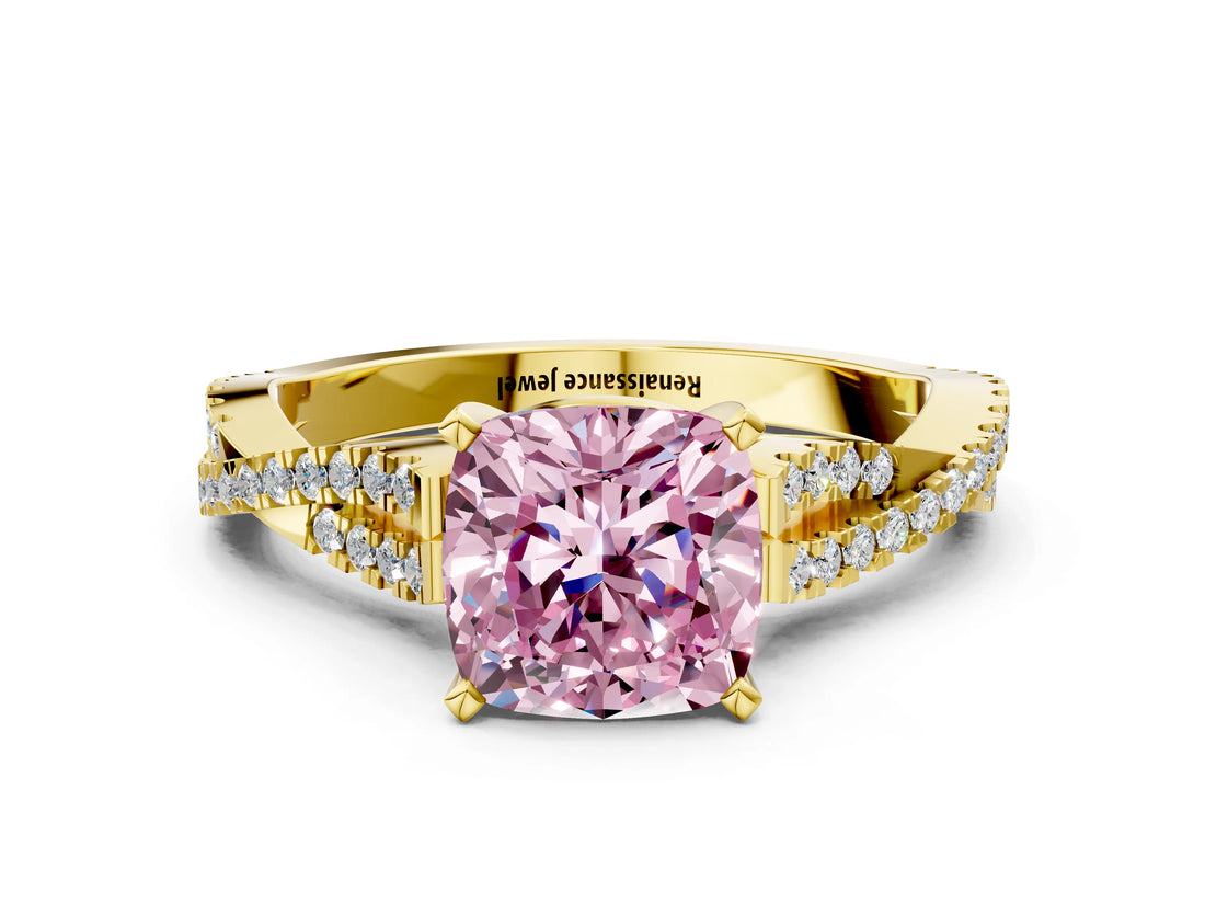Yellow gold Fancy Pink Cushion Cut Diamond Solitaire Engagement Ring with Twisted Pavé Band and Four-Prong Setting_45