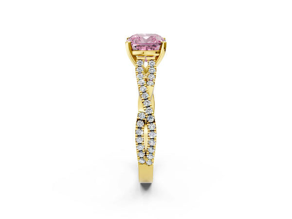 Yellow gold Fancy Pink Cushion Cut Diamond Solitaire Engagement Ring with Twisted Pavé Band and Four-Prong Setting