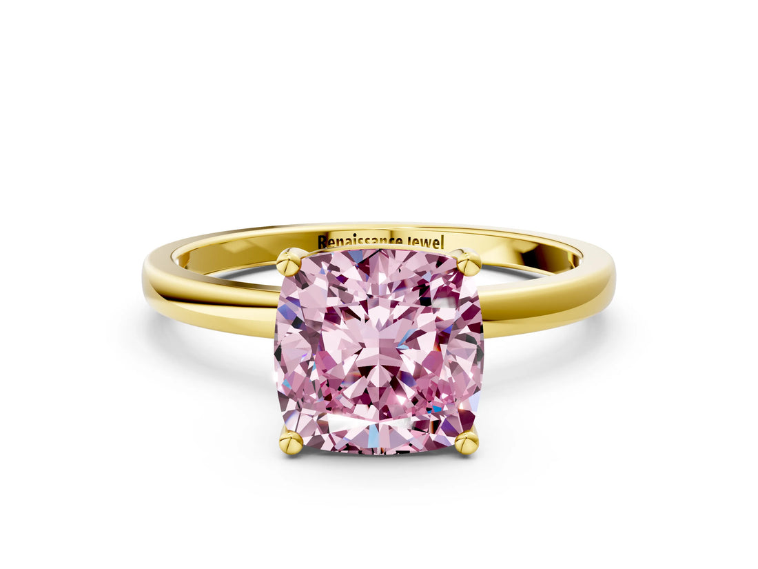 Yellow gold Fancy Pink Cushion Cut Diamond Solitaire Ring with Classic Band and Four-Prong Setting