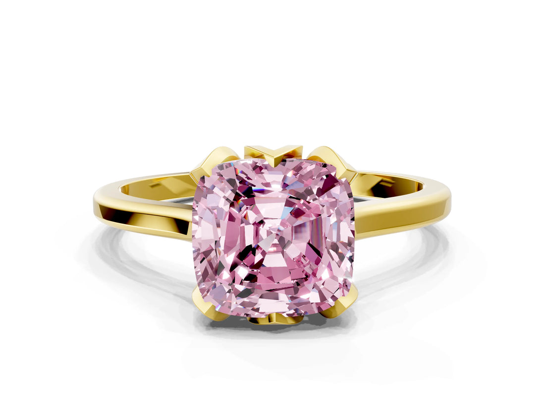Yellow gold Fancy Pink Cushion Cut Diamond Solitaire Ring with Flower Prong Setting and Classic Band_36