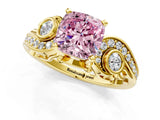 Yellow gold Fancy Pink Cushion Cut Diamond Solitaire Ring with Milgrain Pavé Band and Four-Prong Setting_173