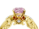 Yellow gold Fancy Pink Cushion Cut Diamond Solitaire Ring with Milgrain Pavé Band and Four-Prong Setting_176