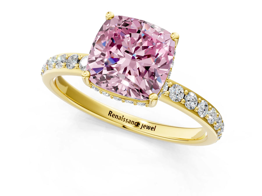 Yellow gold Fancy Pink Cushion Cut Diamond Solitaire Ring with Pavé Band and Hidden Halo
