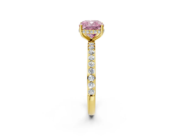 Yellow gold Fancy Pink Cushion Cut Diamond Solitaire Ring with Pavé Band and Hidden Halo