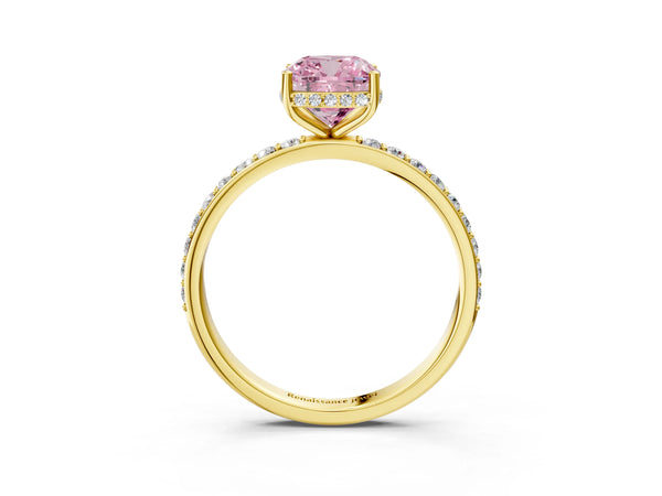 Yellow gold Fancy Pink Cushion Cut Diamond Solitaire Ring with Pavé Band and Hidden Halo